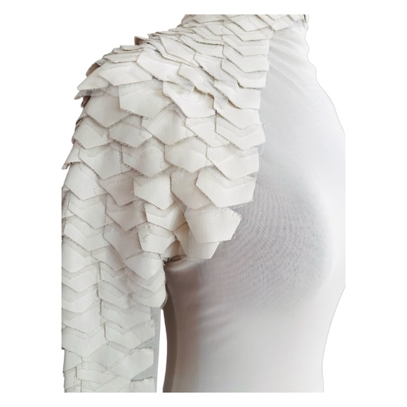 GRACIA Women's White Sheer Turtleneck Top Size S Faux Leather Scale Sleeve - Picture 5 of 10